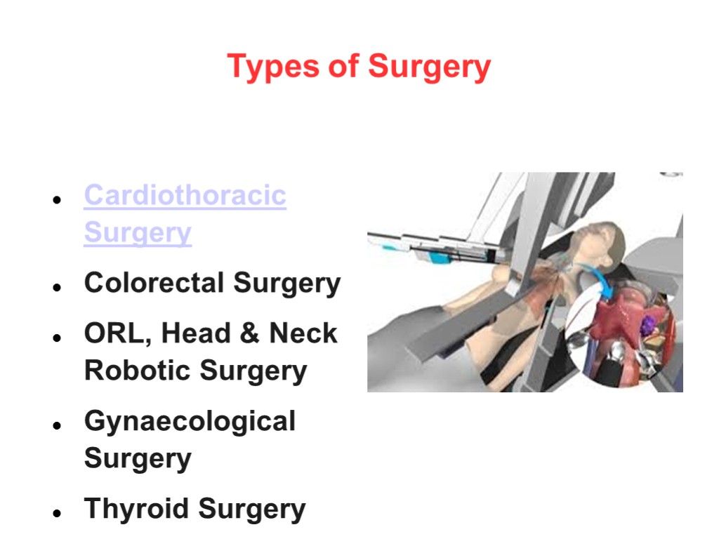 Types of Surgery Cardiothoracic Surgery Colorectal Surgery ORL, Head & Neck Robotic Surgery Gynaecological